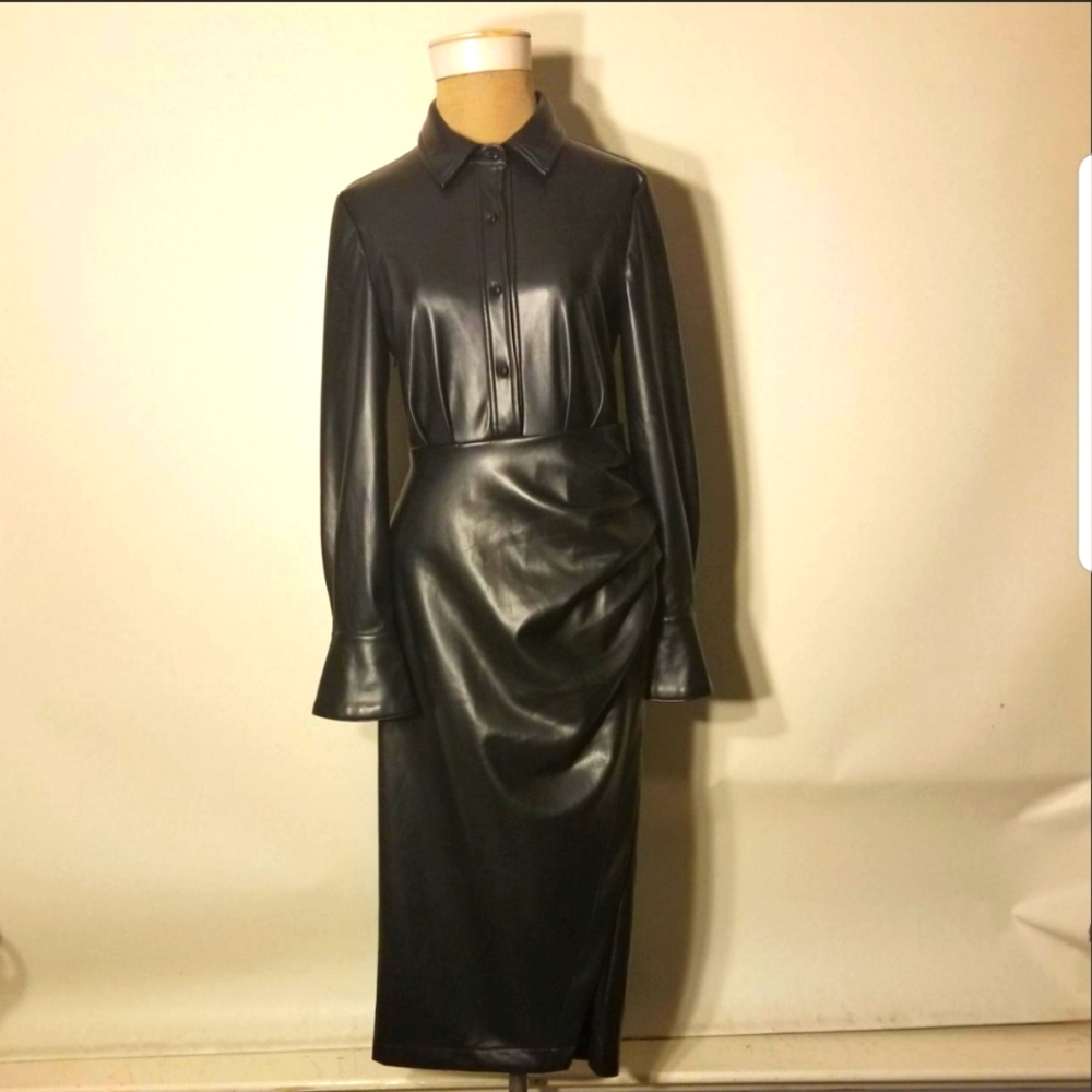 BNWT 7 For All Mankind Black Faux Leather Shirt Dress Size Small.